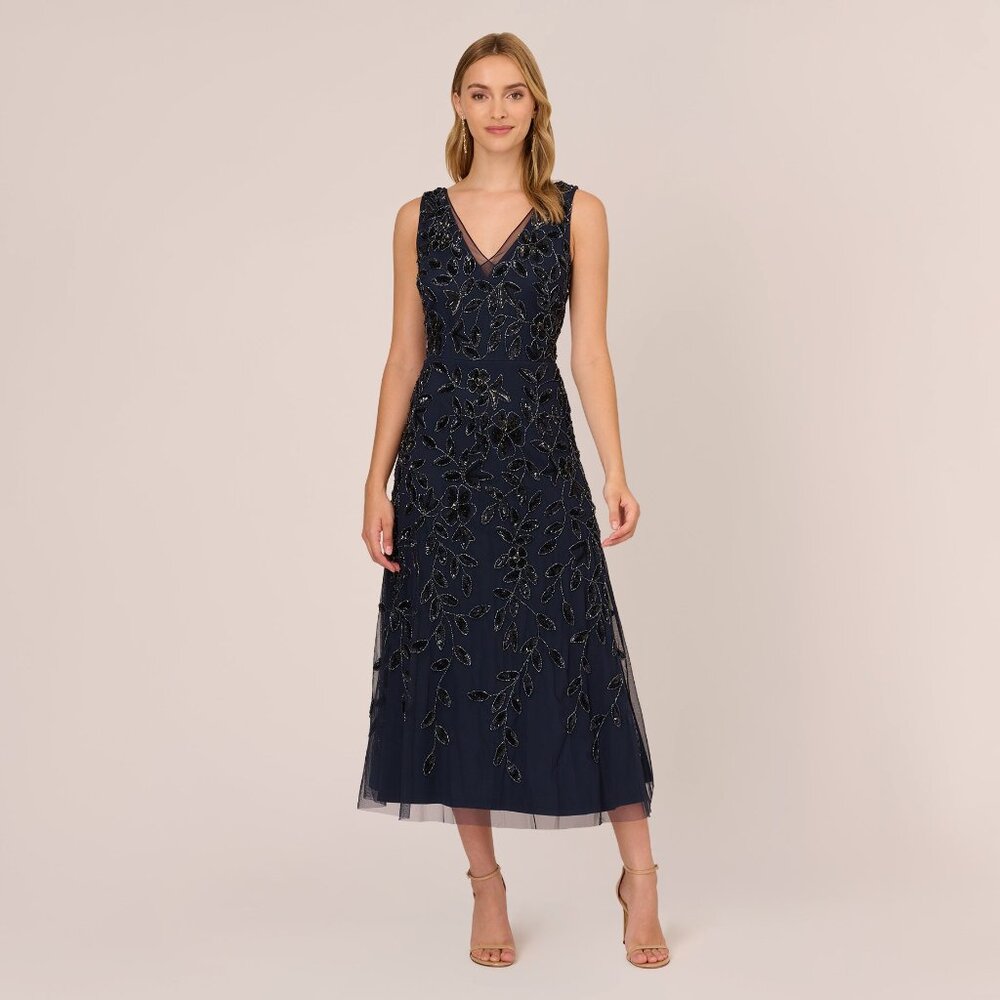 Adrianna Papell Floral Beaded Ankle Length Sleeveless Gown In Navy Size 2Navy /